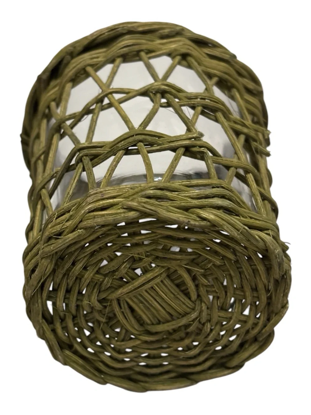 Vint Rustic Green Wicker Glass Tea Light Votive Candle Holder Avocado Seagrass